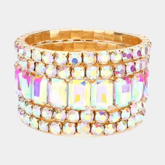 Gold Abalone Emerald Cut Crystal Wide Stretch Bracelet 5 Pcs Bling 1.75 Inches - Picture 1 of 3